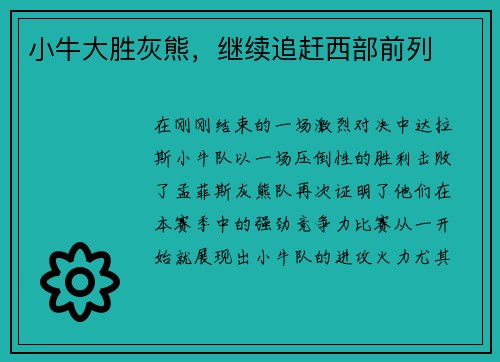小牛大胜灰熊,继续追赶西部前列