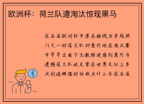 欧洲杯:荷兰队遭淘汰惊现黑马