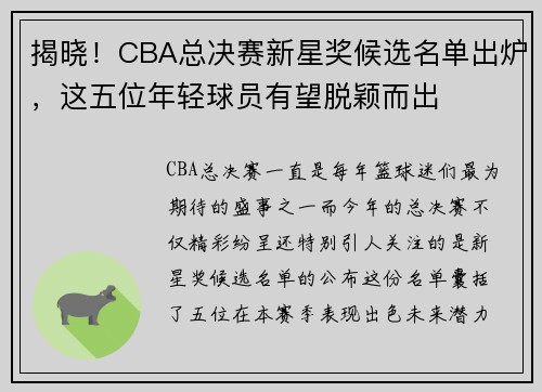 揭晓！CBA总决赛新星奖候选名单出炉，这五位年轻球员有望脱颖而出